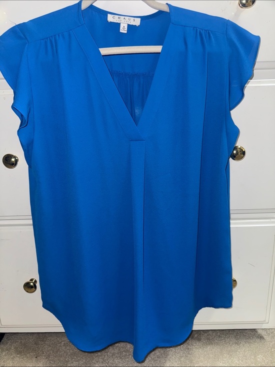 Chaus Tops - Chaus Bright Blue V-Neck Flutter Sleeve Blouse